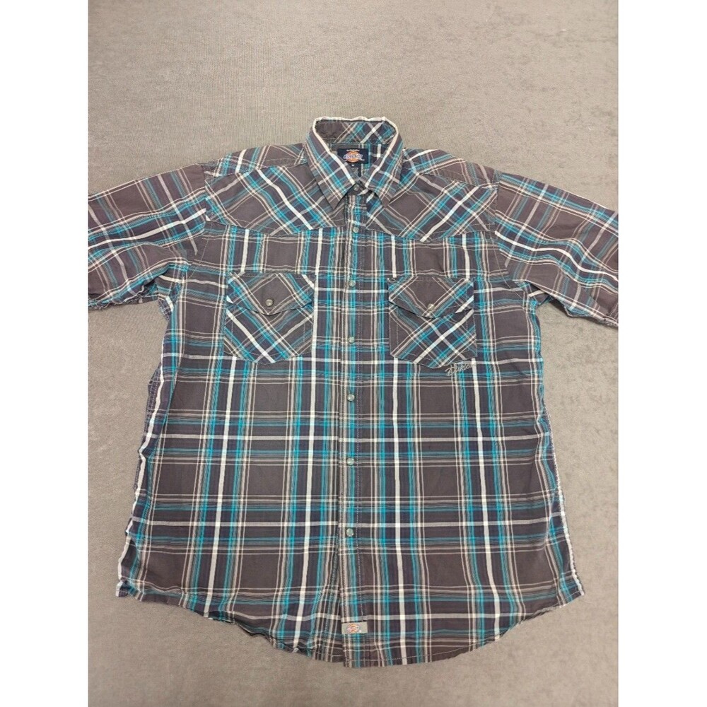 Dickies Men’s Medium Plaid Western Pearl Snap Shirt Short Sleeve Gray Teal